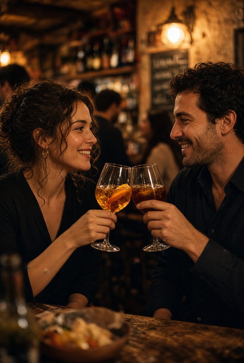 Two people touching glasses across the counter of a warmly lit Barcelona bar