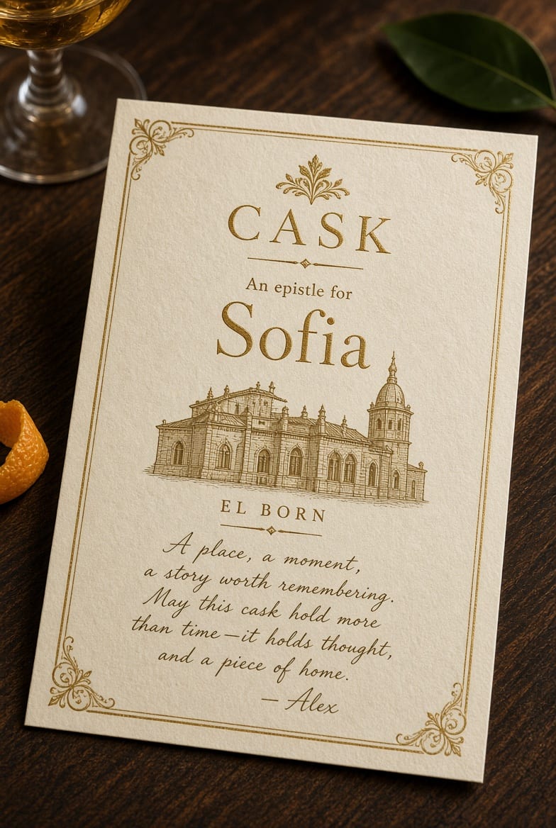 A printed Cask keepsake card on a dark wooden table beside a glass and an orange twist