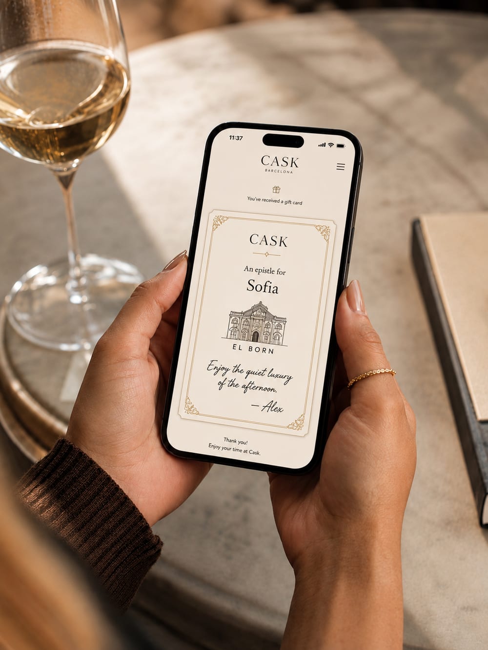 A phone held in two hands showing a Cask epistle addressed to Sofia